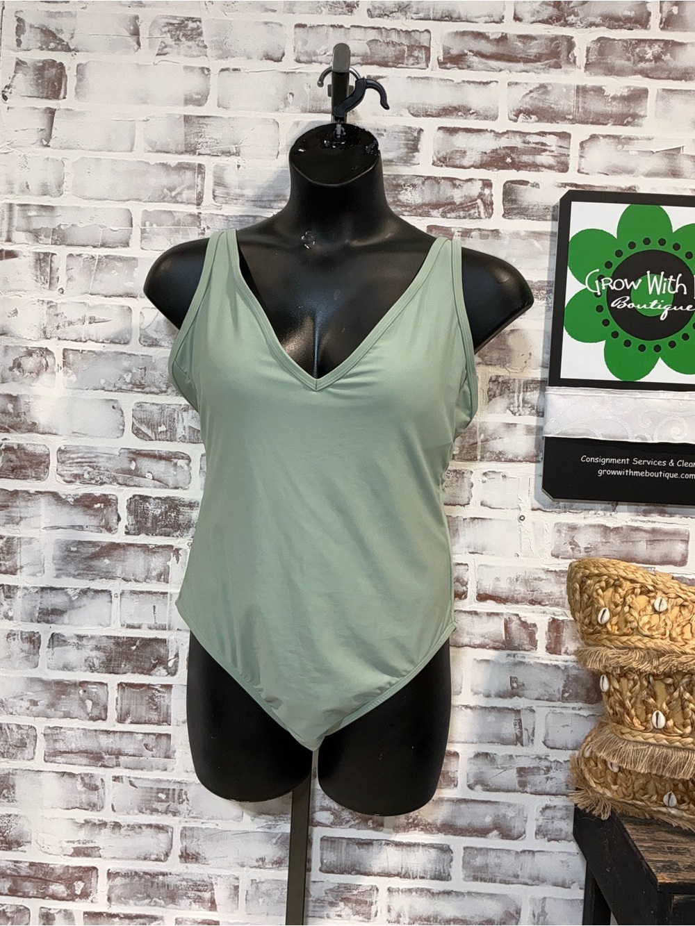 Kona Sol Sage Green V-Neck One-Piece Swimsuit